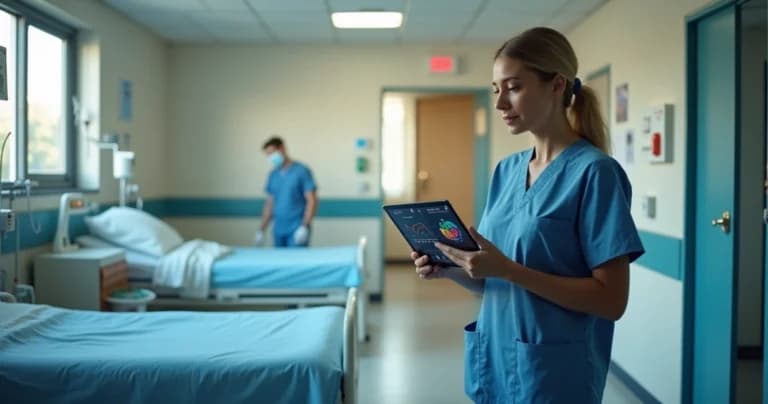 Enfermera verifica tablet con panel de monitoreo en camas de hospital pequeño