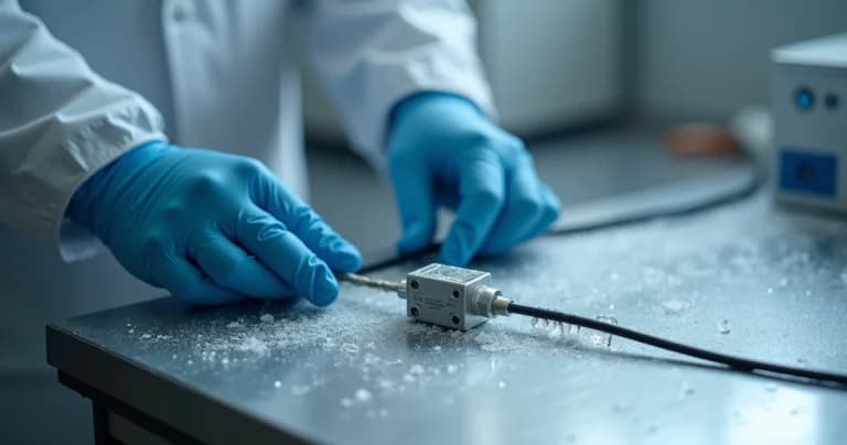 Técnico ajusta sensor pequeño en superficie metálica congelada con formación leve de hielo